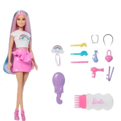Barbie Rainbow Sparkle Hair dukke med langt hår og tilbehør