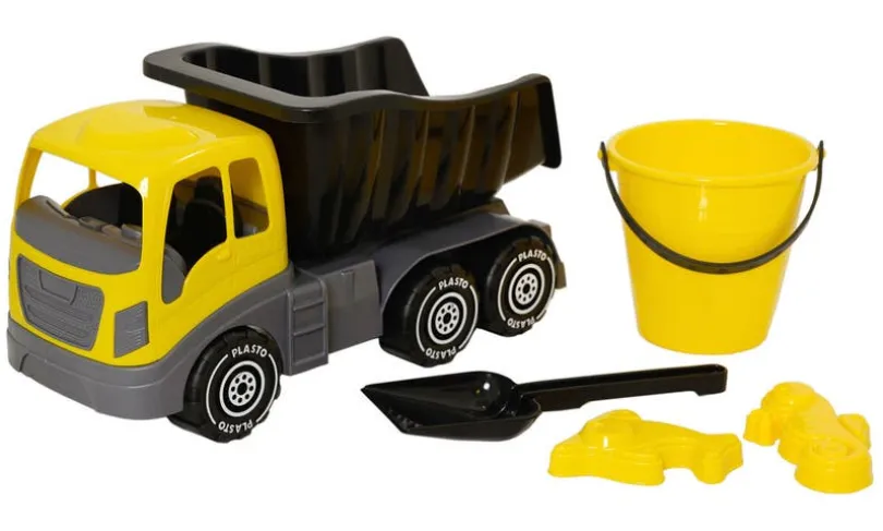 Plasto, sandsett med lastebil 40 cm, bøtte, spade og 2 sandformer