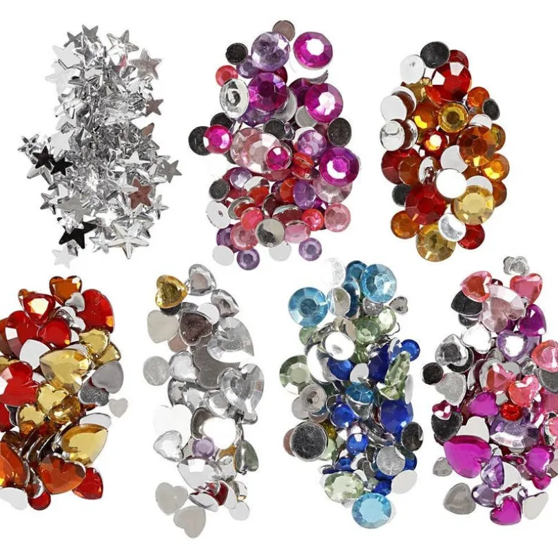 Rhinestones i eske, blå, rosa, sølv, runde, stjerner, hjerter
