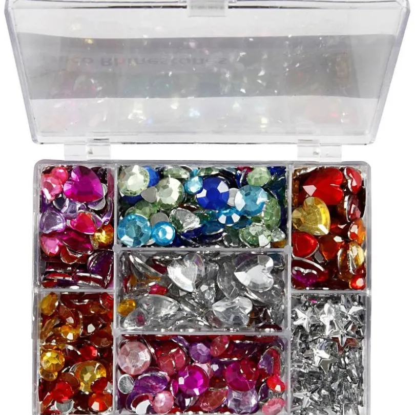 Rhinestones i eske, blå, rosa, sølv, runde, stjerner, hjerter